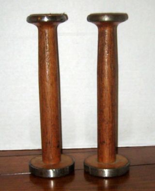 Matched Pair Vintage Wooden Textile Mill Spools Bobbins - Candle Holders England