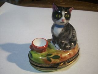 Limoges France Peint Main G.  R.  Trinket Box Cat With Cup Coffee.  Unique