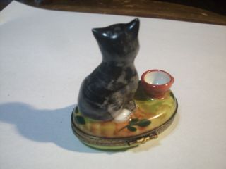 Limoges France Peint main G.  R.  trinket box CAT with CUP COFFEE.  unique 2