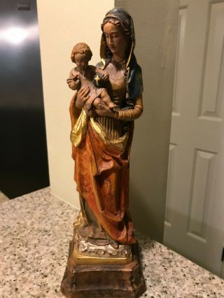 Hand Carved Wood Mary With Child On Pedestal Hand Painted - 12 Inches