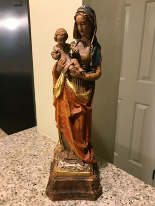 HAND CARVED WOOD MARY WITH CHILD ON PEDESTAL HAND PAINTED - 12 INCHES 2