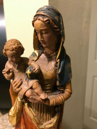 HAND CARVED WOOD MARY WITH CHILD ON PEDESTAL HAND PAINTED - 12 INCHES 3