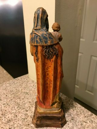 HAND CARVED WOOD MARY WITH CHILD ON PEDESTAL HAND PAINTED - 12 INCHES 4
