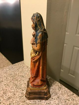 HAND CARVED WOOD MARY WITH CHILD ON PEDESTAL HAND PAINTED - 12 INCHES 5