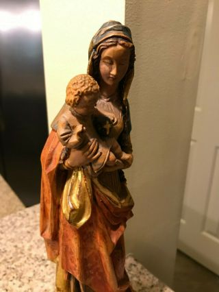 HAND CARVED WOOD MARY WITH CHILD ON PEDESTAL HAND PAINTED - 12 INCHES 6