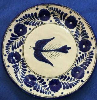 Televera Mexican Decorative Pottery Plate Cobalt Blue Bird And Flower Motif