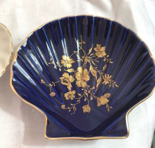 Malbec Limoges Cobalt Blue Shell Shaped Floral Dish Gold Scalloped Plate France