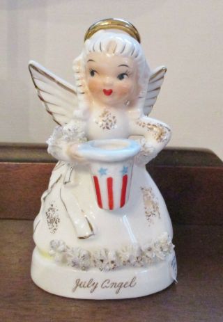 Vintage Napco July Birthday Angel Figurine S1367 Uncle Sam Hat Spaghetti Trim