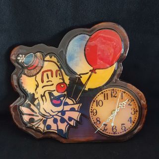 Clown Clock Balloons Gold Hands Wood Lacquered Plaque 10 " Battery