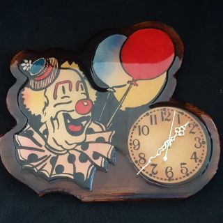 Clown Clock Balloons Gold Hands Wood Lacquered Plaque 10 