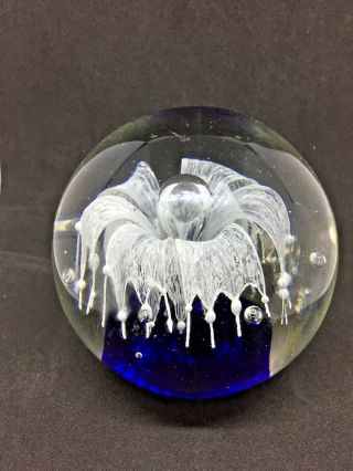 Gorgeous Art Glass Ball Paperweight Flower Controlled Bubble White & Blue 3.  5 "
