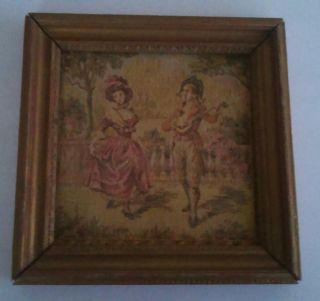 Vintage Collectible Victorian Lover Tapestry In Frame Mid Century 1940 