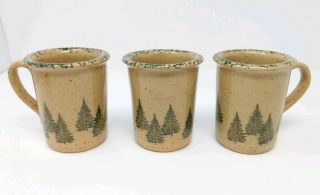 Set Of 3 Three Rivers Pottery Stoneware Winter Pines Trees Coffee Mug Cup Amy