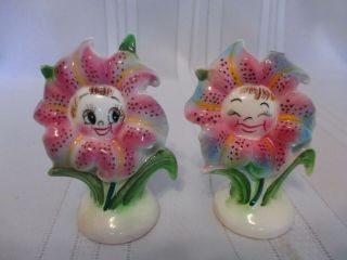 Anthropomorphic Py Napco Pink Lily Flower Girl Salt & Pepper Shakers Has Chips