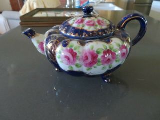 Gorgeous Vintage Limoges France Hand Painted Colbalt Blue & Roses Footed Tea Pot