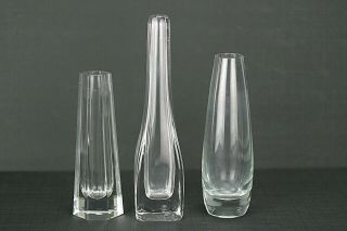 3 Clear Glass Bud Vase One Signed