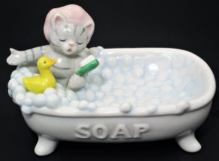 Vintage Schmid KITTY CUCUMBER 1989 Soap Dish Singing Bathtub Rubber Duck Bubbles 4