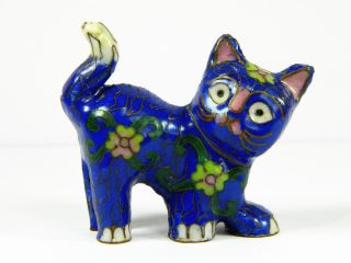 Vintage Chinese Blue Cloisonne Copper Enamel Lovely Kitten Cat Figurine Statue