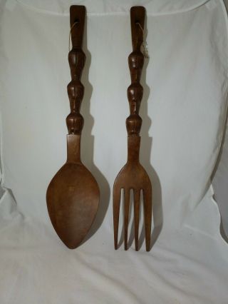 Vintage Giant Wooden Fork And Spoon Wall Hanging Tiki Decor Ornate Carving 27 "