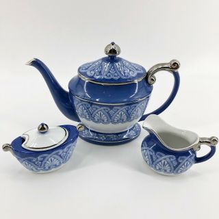 Bombay Blue & White Tile Tea Set Teapot Sugar & Creamer With Lids Porcelain H54