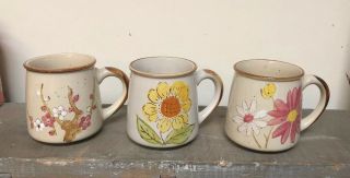 3 Vintage Norleans Korean Hand - Painted Floral Stoneware Coffee Mugs