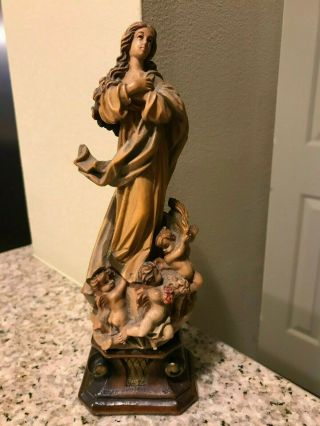 Stunning Hand Carved Wood Mary With Angels At Feet On Pedestal - 9 Inches