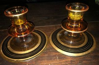 Vintage Pair Amber Glass Candle Holders With Black And Gold Accent