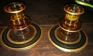 VINTAGE Pair AMBER GLASS CANDLE HOLDERS with Black and Gold accent 2