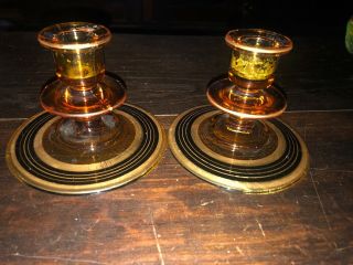 VINTAGE Pair AMBER GLASS CANDLE HOLDERS with Black and Gold accent 3