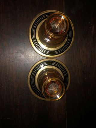 VINTAGE Pair AMBER GLASS CANDLE HOLDERS with Black and Gold accent 4