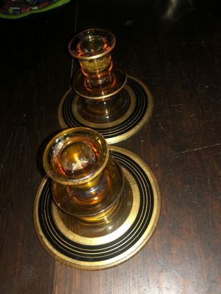 VINTAGE Pair AMBER GLASS CANDLE HOLDERS with Black and Gold accent 5
