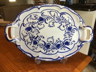 Artisan Signed Handcrafted Greek Blue And White With Handles Serving Platter