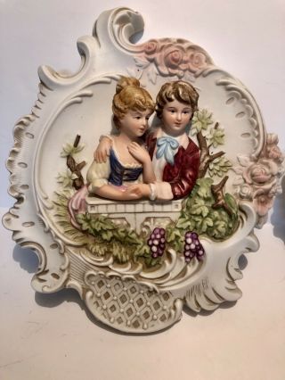 Vintage Lefton Porcelain Bisque 3D Wall Plaque Set Hand Painted KW 350 Boy/Girl 3