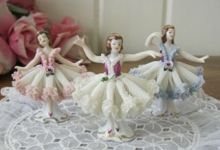 3 Vintage Dresden Lace Ballerina Figurine 
