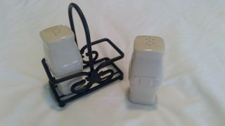 Longaberger Pottery Ivory Salt And Pepper Shakers With Wrought Iron Stand