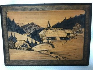Vintage Carved Etched Solid Wood Wall Plaque Country Scene Euc