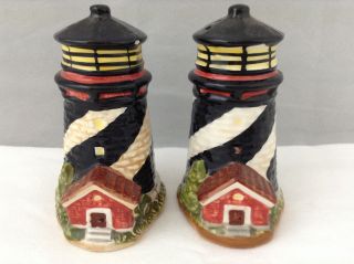 Lighthouse Salt And Pepper Shaker Set Black & White Swirl Red Trim Ckao Ceramic