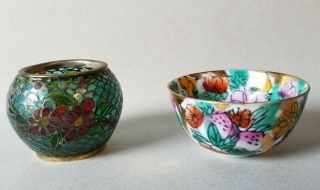 2 Vintage Japanese Miniature Glass Cloisonne,  Porcelain Floral Tiger Bowls 1980