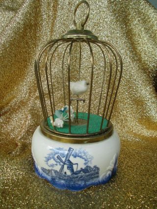 Vintage Porcelain Bird Cage Music Box Dutch Windmill