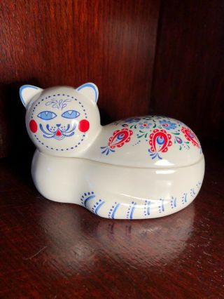 Vintage Elizabeth Arden Porcelain Cat Trinket Box With Candle Red Blue Country