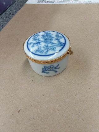 Castel Limoges France Round Blue Floral & Gold Hinged Porcelain Trinket Box