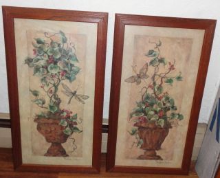 Set Of 2 - Home Interior Pictures - Topiary & Dragonfly Wood Frame - Barbara Mock
