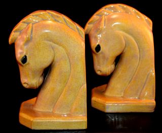 Vtg 60s Mid Century Modern Art Deco Tan Horse Head Busts Bookends Ceramic Arts