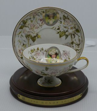 1992 Avon Honor Society Roses Cup & Saucer Set W Stand,  Mrs.  P.  F.  E.  Albee