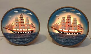 2 Nautical Sailing Ships Boats Table Night Light Lamps,  Raised Relief Design