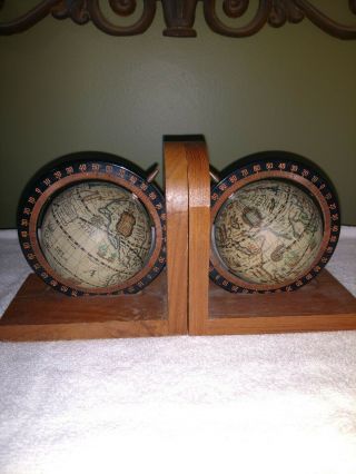 Vintage Old World Small Mini Map Globe Bookends Wooden Base Set Pair