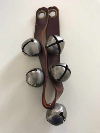 Vintage 14 " Brown Leather Strap Sleigh Silver Jingle Bells Door Hanger 5 Bells