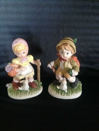 Vintage Porcelain Figurines Boy And Girl With Bunnies