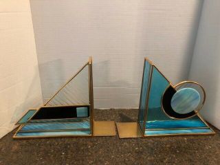 Set Of 2 Mid Century Modern Mcm Stain Glass Book Ends