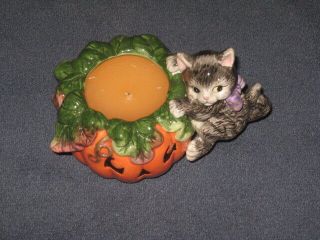 Fitz And Floyd Halloween Cat Pumpkin Candle Holder